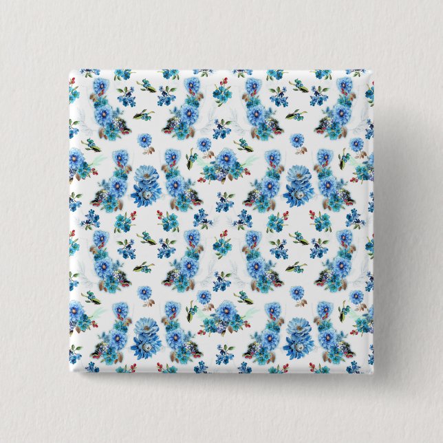 Blå vattenfärg Maj Blommor i Mönster Knapp (Framsida)