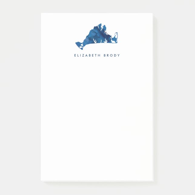 Blå vattenfärg Marthas Vineyard Karta Monogram Post-it Block (Framsida)