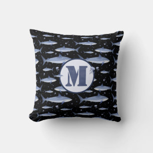 Blå vattenfärg Monogram Shark Jellyfish Mönster Kudde