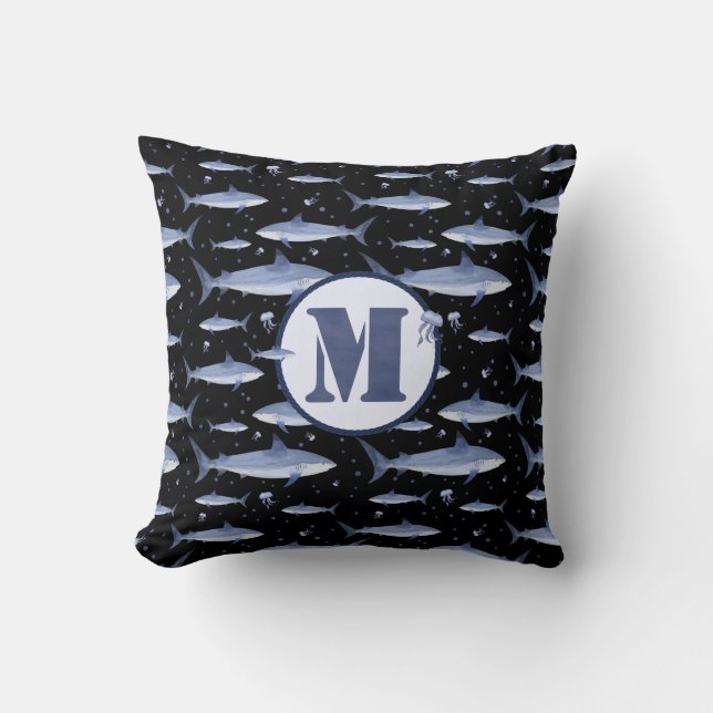 Blå vattenfärg Monogram Shark Jellyfish Mönster Kudde (Framsida)