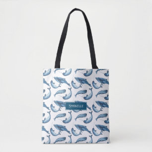 Blå vattenfärg Monogrammed Whale och Narwhal Tygkasse
