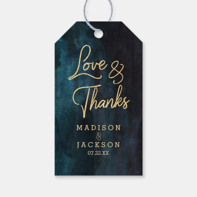 Blå vattenfärg och Guld Bröllop Kärlek och tack Presentetikett (Framsidan)