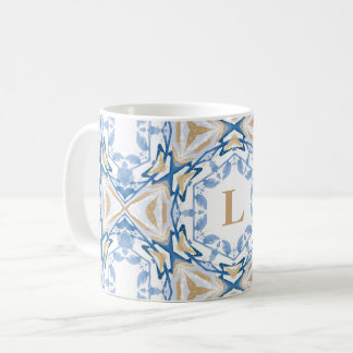 Blå vattenfärg och Guld Monogram Mugg