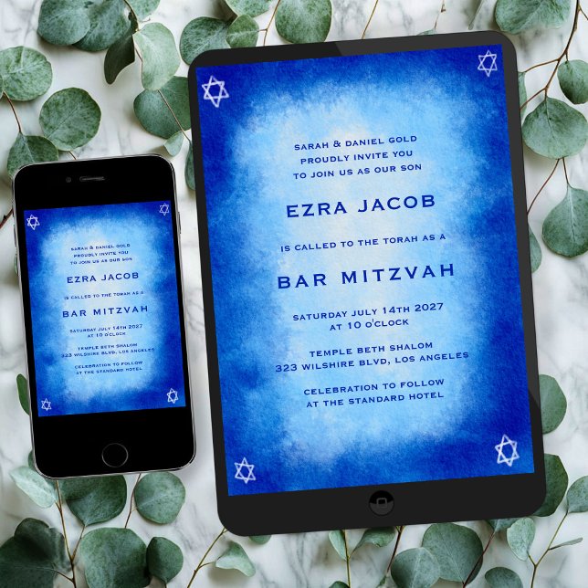 Blå vattenfärg och stjärnor Anpassningsbar Pub Bat Inbjudningar (Blue Watercolor & Stars Custom Bar Bat Mitzvah Digital Evite Invitation
)