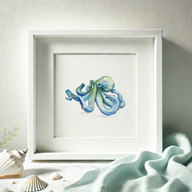 Blå vattenfärg, oktopus Teckning Poster (Watercolor octopus in shades of blue on a print by Victoria Grigaliunas of Do Tell A Belle)