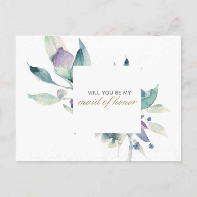 Blå vattenfärg Ro Blommigt Maid of honor Inbjudan Vykort (Framsida)