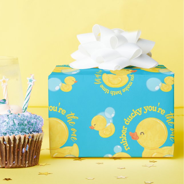 Blå vattenfärg Rubber Ducky Du är One Party Presentpapper (Rubber Ducky You're The One Watercolor Duck Wrapping Paper in Blue)