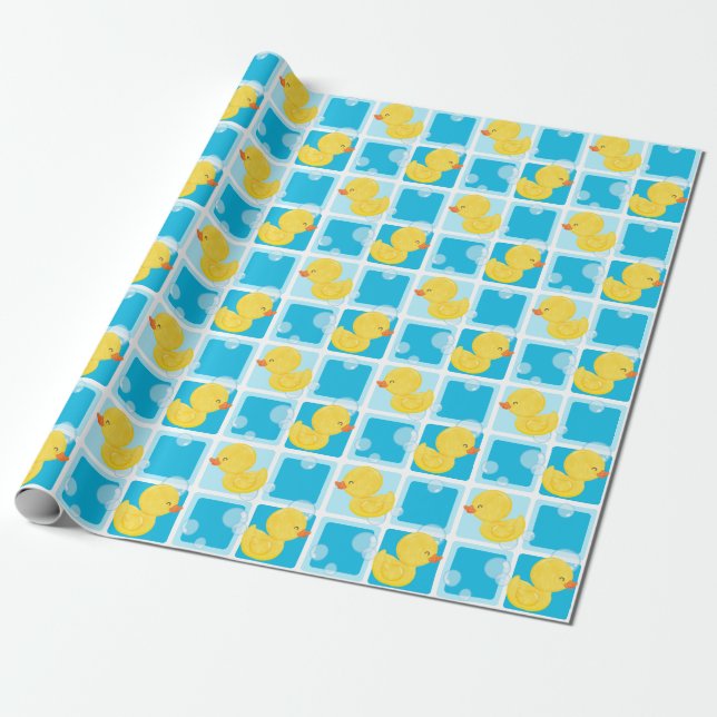 Blå vattenfärg Rubber Ducky Party Wrapping Papper Presentpapper (Utrullad)