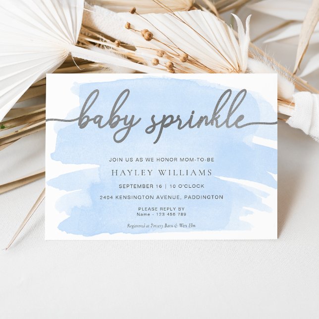 Blå vattenfärg, Silver Baby Sprinkle Inbjudningar (Skapare uppladdad)