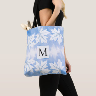 Blå vattenfärg tvättar löv och monogram tygkasse