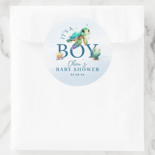 Blå vattenfärg under Sea Baby Shower Runt Klistermärke
