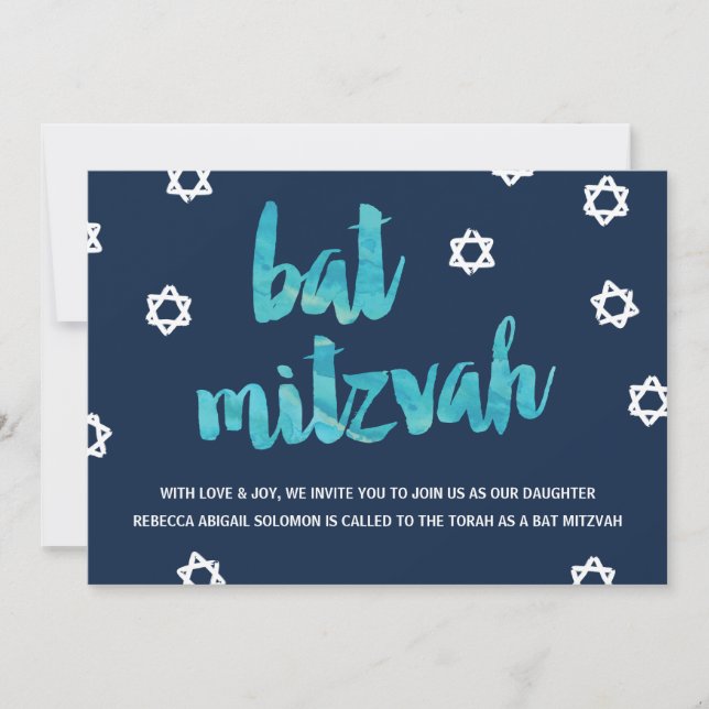 Blå vattenfärg| Unik Bat mitzvah Inbjudningar (Framsida)