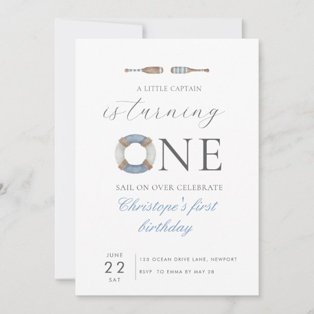 Blå vattenfärg Vår lilla kapten gör om ett Inbjudningar (Framsida)