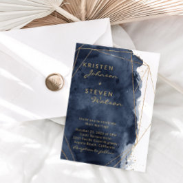 Blå vattenfärg vid flottan och Guld Bröllop Inbjudningar