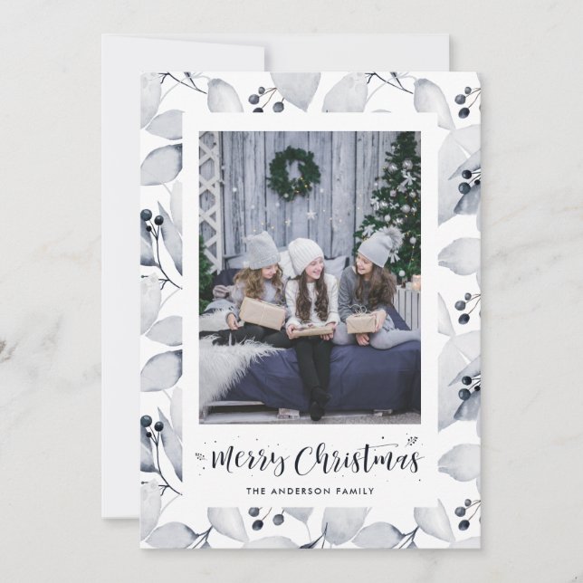 Blå vattenfärg Vinterblomma julkort (Framsida)