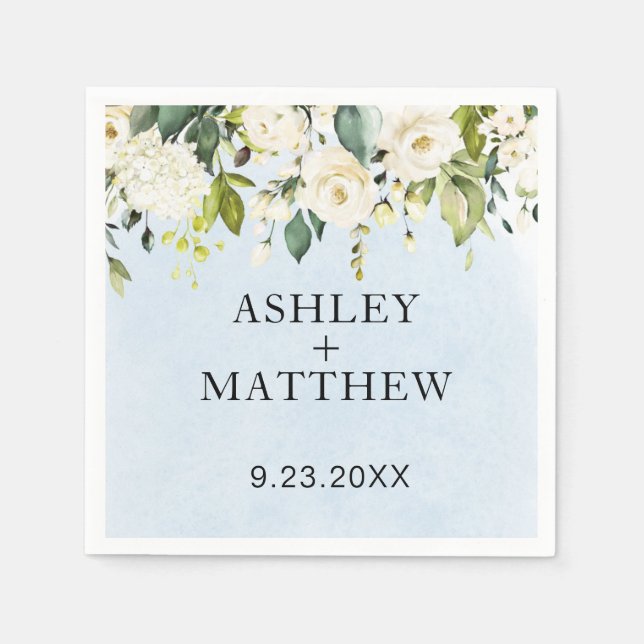 Blå vattenfärg Vit ros Elegant bröllop Napkins Pappersservett (Framsidan)