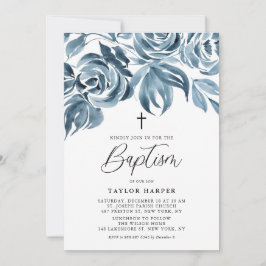 Blå vattenfärg Winter Ro Bouquet Baptism Inbjudningar