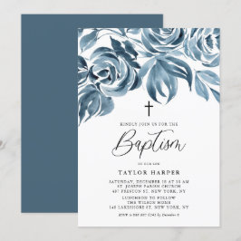 Blå vattenfärg Winter Ro Bouquet Baptism Inbjudningar
