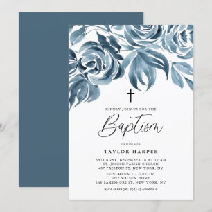 Blå vattenfärg Winter Ro Bouquet Baptism Inbjudningar