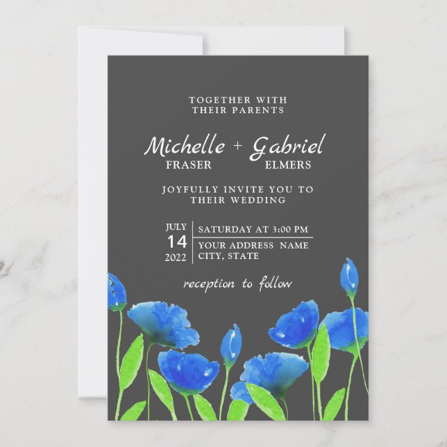 Blå vattenfärgblommor. Blommigt bröllop. Svart Inbjudningar (Framsida)