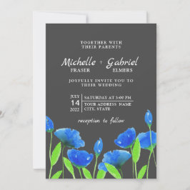 Blå vattenfärgblommor. Blommigt bröllop. Svart Inbjudningar