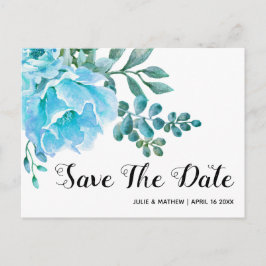 Blå vattenfärgblommor bröllop spara datum meddelande vykort