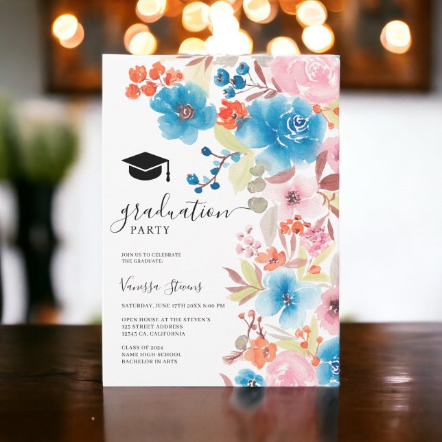Blå vattenfärgblommor studenten inbjudningar (Bold blue watercolor flowers graduation invitation)
