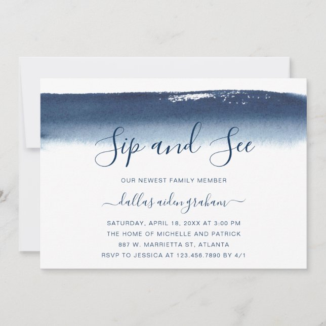 Blå vattenfärgen Pojke Sip och Se Inbjudningar (Framsida)