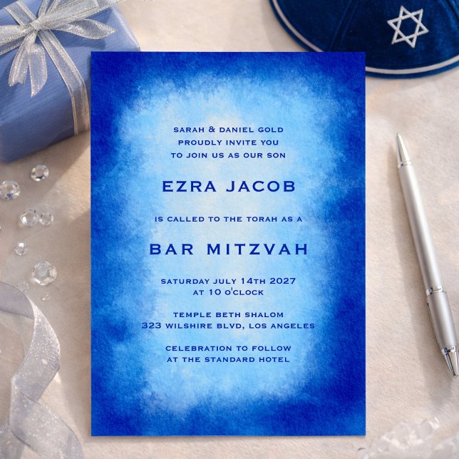 Blå vattenfärgen Ram Anpassningsbar Pub Bat mitzva Inbjudningar (Blue Watercolor Frame Custom Bar Bat Mitzvah Invitation
)