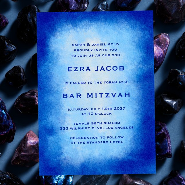 Blå vattenfärgen Ram Anpassningsbar Pub Bat mitzva Inbjudningar (Blue Watercolor Frame Custom Bar Bat Mitzvah Minimalist Simple Chic Invitation
)