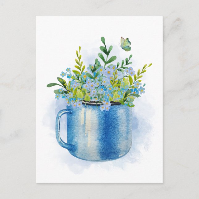 Blå vattenfärgen vår blommor i kopp vykort (Framsida)