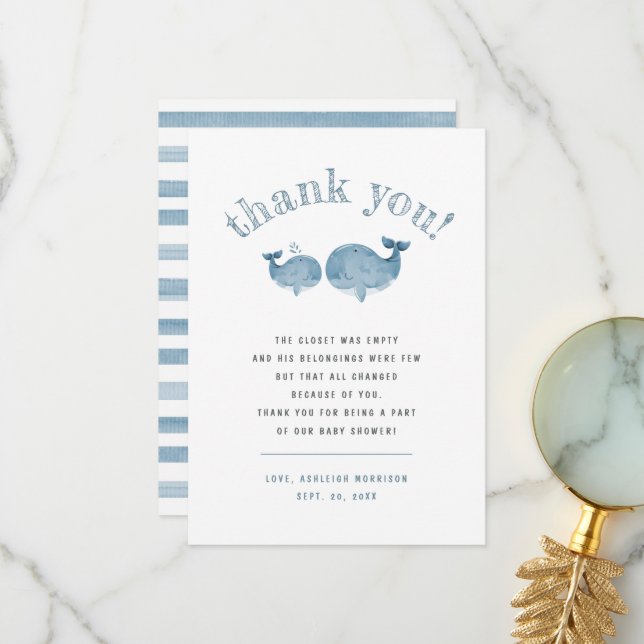 Blå vattenfärgen Whale Boy Baby Shower, Tack (Fram/Back In Situ)