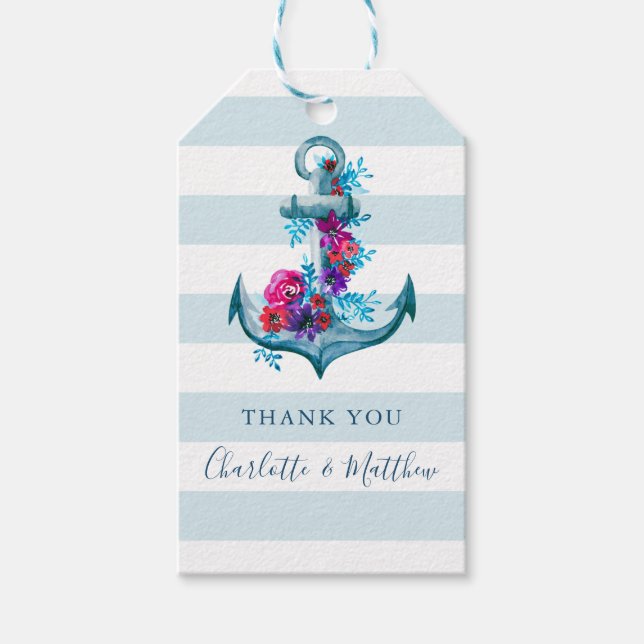 Blå vattenfärgsankare Bröllop Tack Presentetikett (Framsidan)