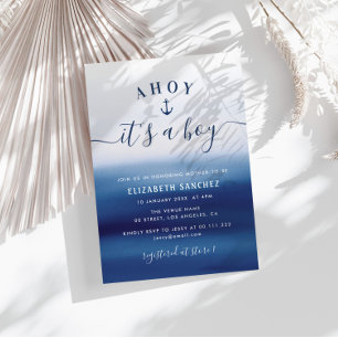 blå vattenfärgsankarpunkt babydusch inbjudningar