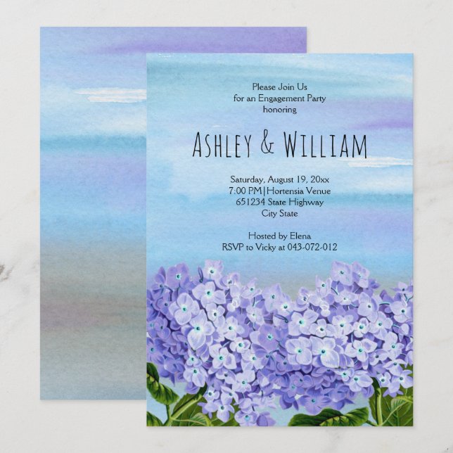 Blå vattenfärgsblått bröllop förlovningsfest inbjudningar (Fram/baksida)