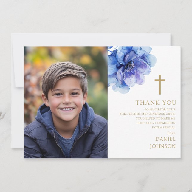 Blå vattenfärgsblomma Foto Första Heligan Kommunis Tack Kort (Framsida)