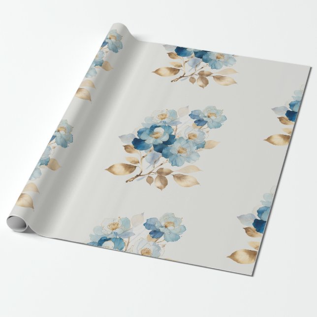 Blå vattenfärgsblommor Abstrakt Golden Presentpapper (Utrullad)