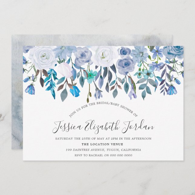 Blå vattenfärgsblommor Baby eller Möhippa Inbjudningar (Fram/baksida)