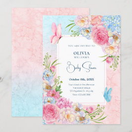 Blå vattenfärgsblommor, babydusch av rosa inbjudningar