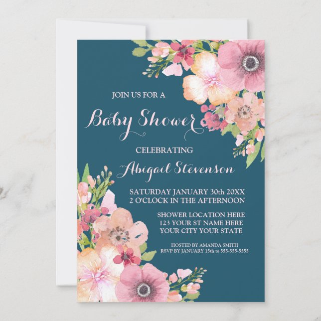 Blå vattenfärgsblommor Babyskdusch Inbjudningar (Baksida)