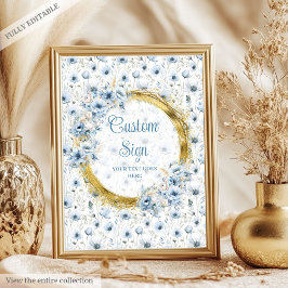 Blå vattenfärgsblommor i guld anpassningsbar poster