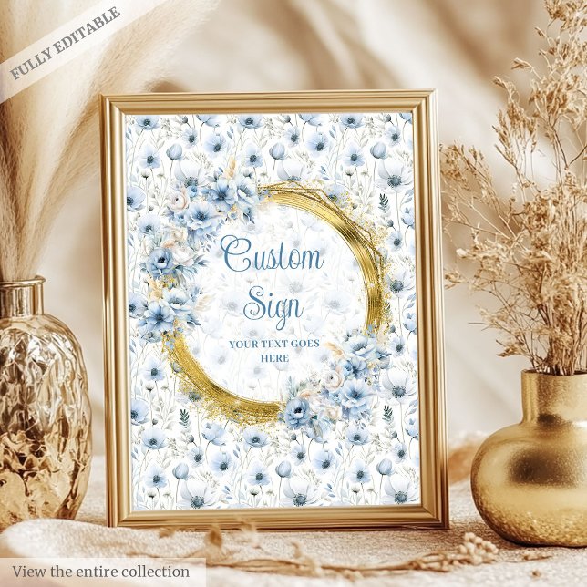 Blå vattenfärgsblommor i guld anpassningsbar poster (Cute dusty blue watercolor flowers gold custom Poster)