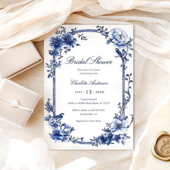 Blå vattenfärgsblommor, Möhippa Inbjudningar (Skapare uppladdad)