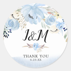 Blå vattenfärgsblommor Monogram Wedding Favor Runt Klistermärke