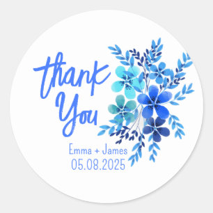 Blå vattenfärgsblommor, Tack Sticker Runt Klistermärke