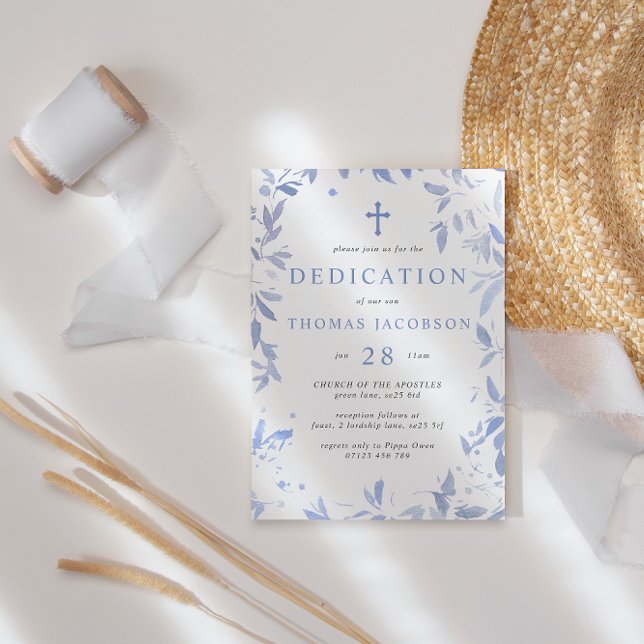 Blå vattenfärgsdedikation och baptism för Löv Baby Inbjudningar (Skapare uppladdad)