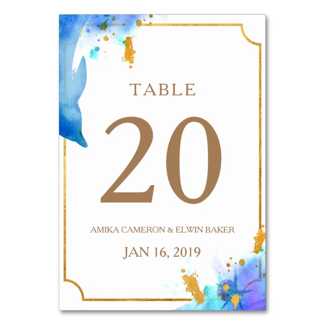 Blå vattenfärgsdelfinkort Bröllop Bord Bordsnummer (Framsidan)