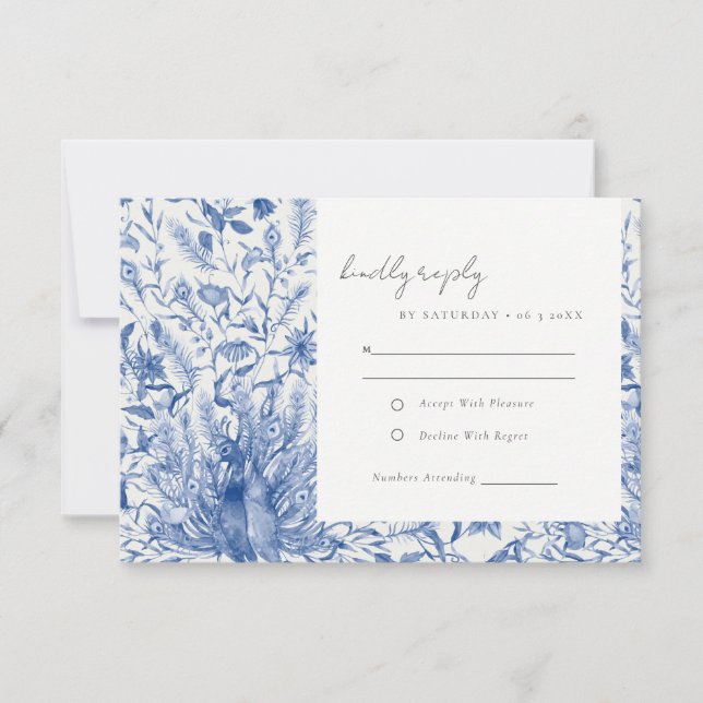 Blå vattenfärgsfärgad Blommigt Peacock Bröllop OSA Kort (Framsida)