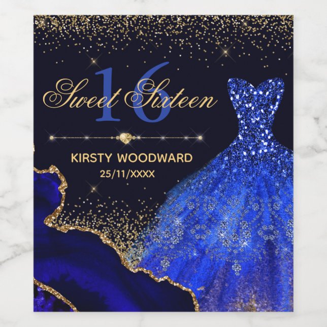 Blå vattenfärgsfärgad färgdjup & glitter agate Swe Vinflaska Etikett (Singel etikett)