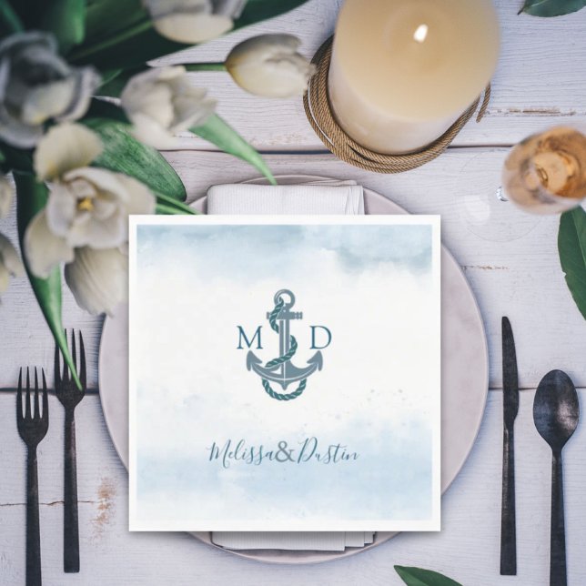 Blå vattenfärgsfästpunkt Nautisk Bröllop Pappersservett (Blue Watercolor Beach Anchor Nautical Wedding Napkins)